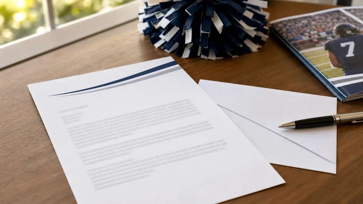 Booster club sponsorship letter guide showing a prepared sponsor letter and envelope on a desk.