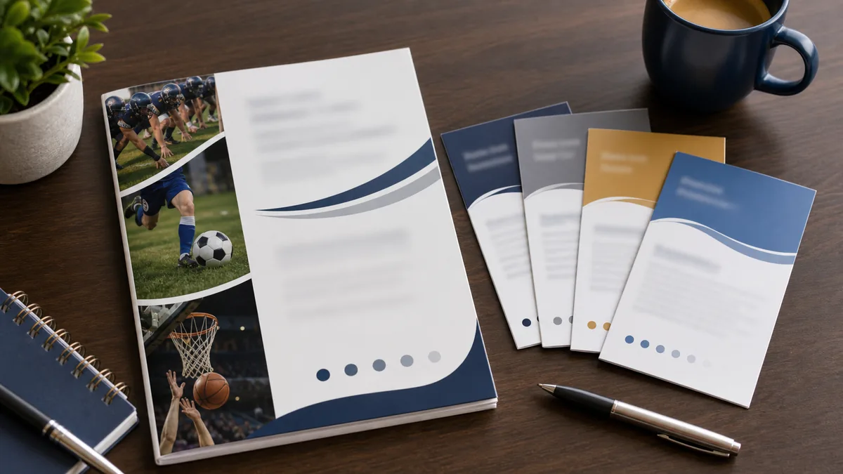 Booster club sponsorship package examples with printed tier cards and sports fundraising materials on a desk.