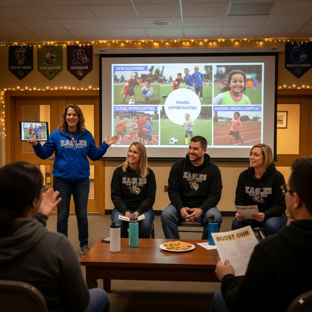 The director of a youth sports organization leads a sponsorship presentation for their booster club, outlining the positive impact of community funding on young athletes.