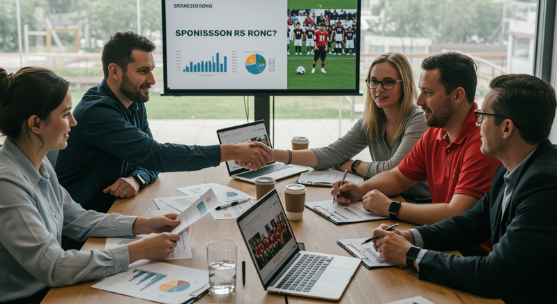 Professional sports business meeting with sponsors reviewing sponsorship proposal documents