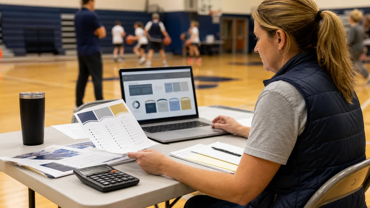 Volunteer pricing high school sports sponsorship packages with a laptop, calculator, and tier cards.