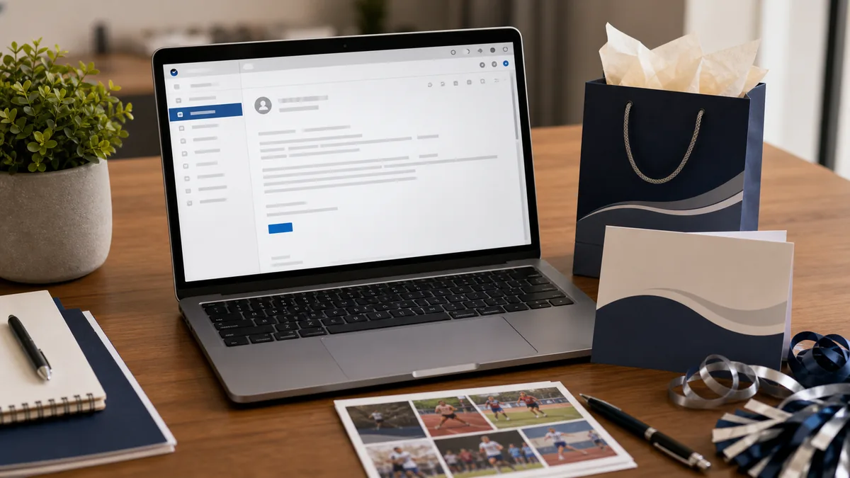 Sponsor renewal email examples with a laptop and thank-you card for booster club sponsors.
