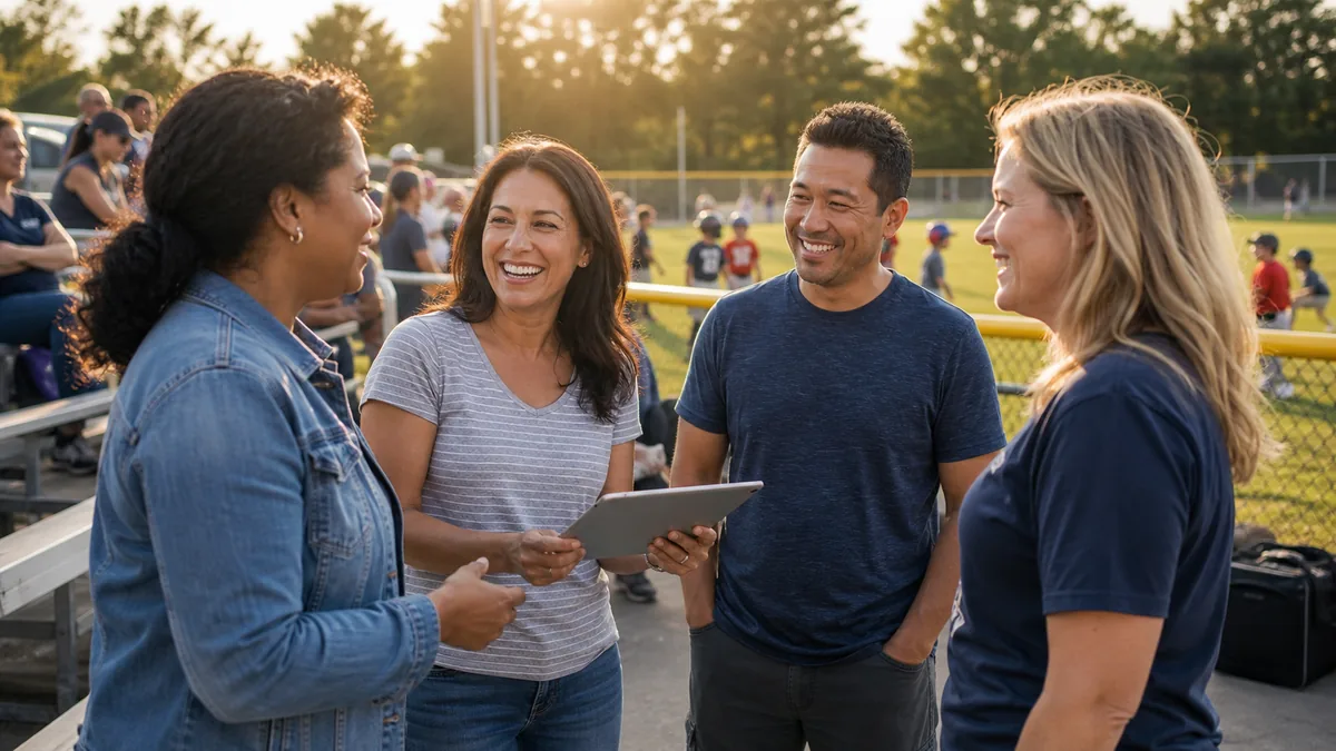 Youth sports fundraising ideas with parent volunteers using a tablet at a community sports event.
